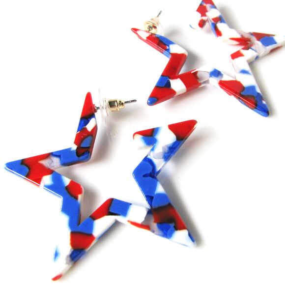 Acetate Patriotic Red White And Blue Star-shaped Earrings - Picture 1 of 4
